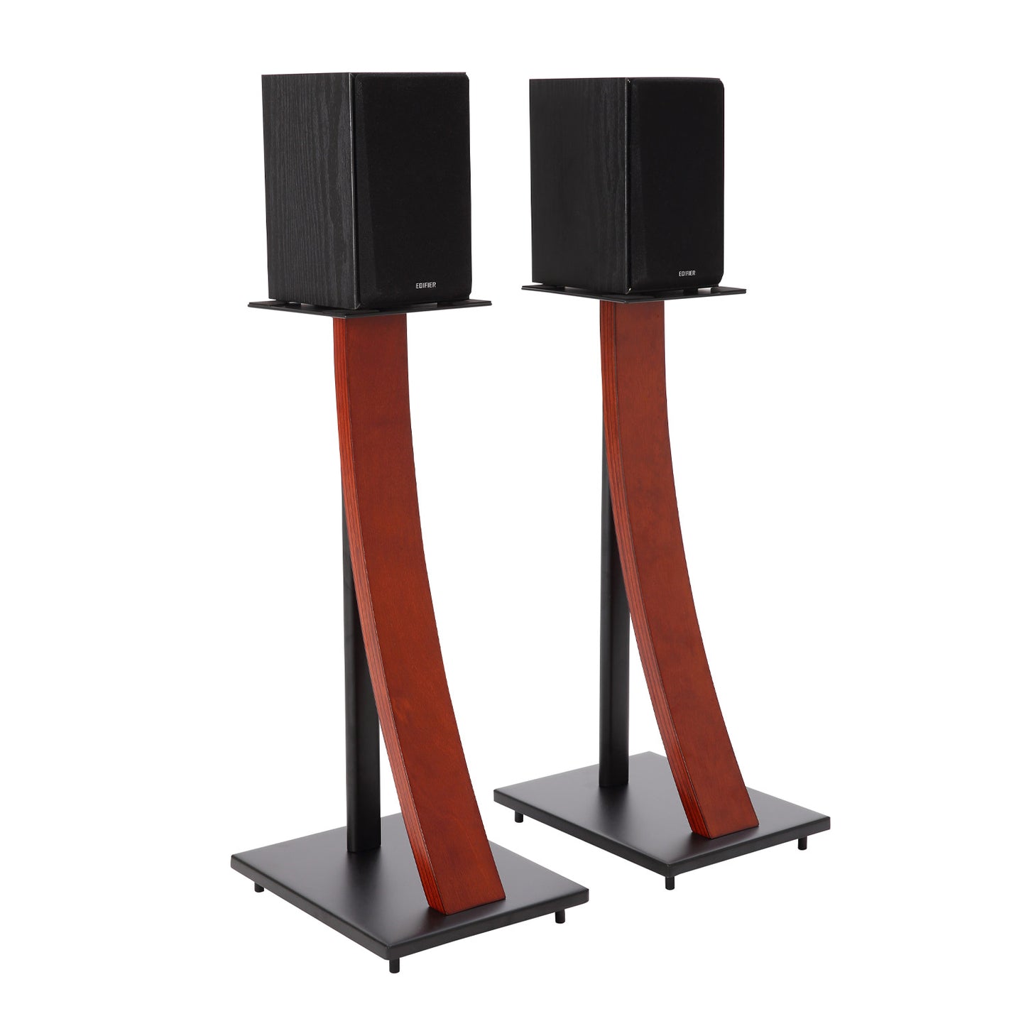 EXIMUS One Pair Fixed Height Universal Speaker Floor Stands with Real Wood - Mahogany (290 Series)