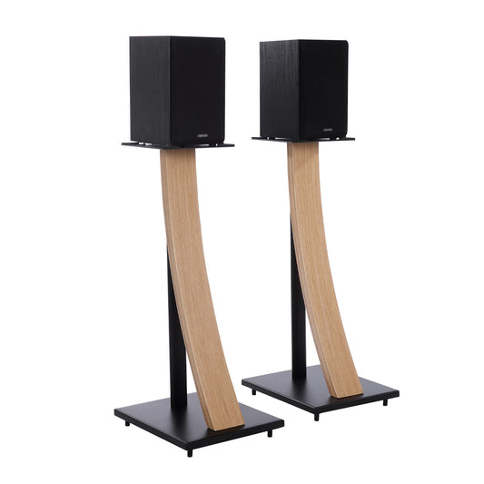 EXIMUS One Pair Fixed Height Universal Speaker Floor Stands with Real Wood - Oak - 290 Series
