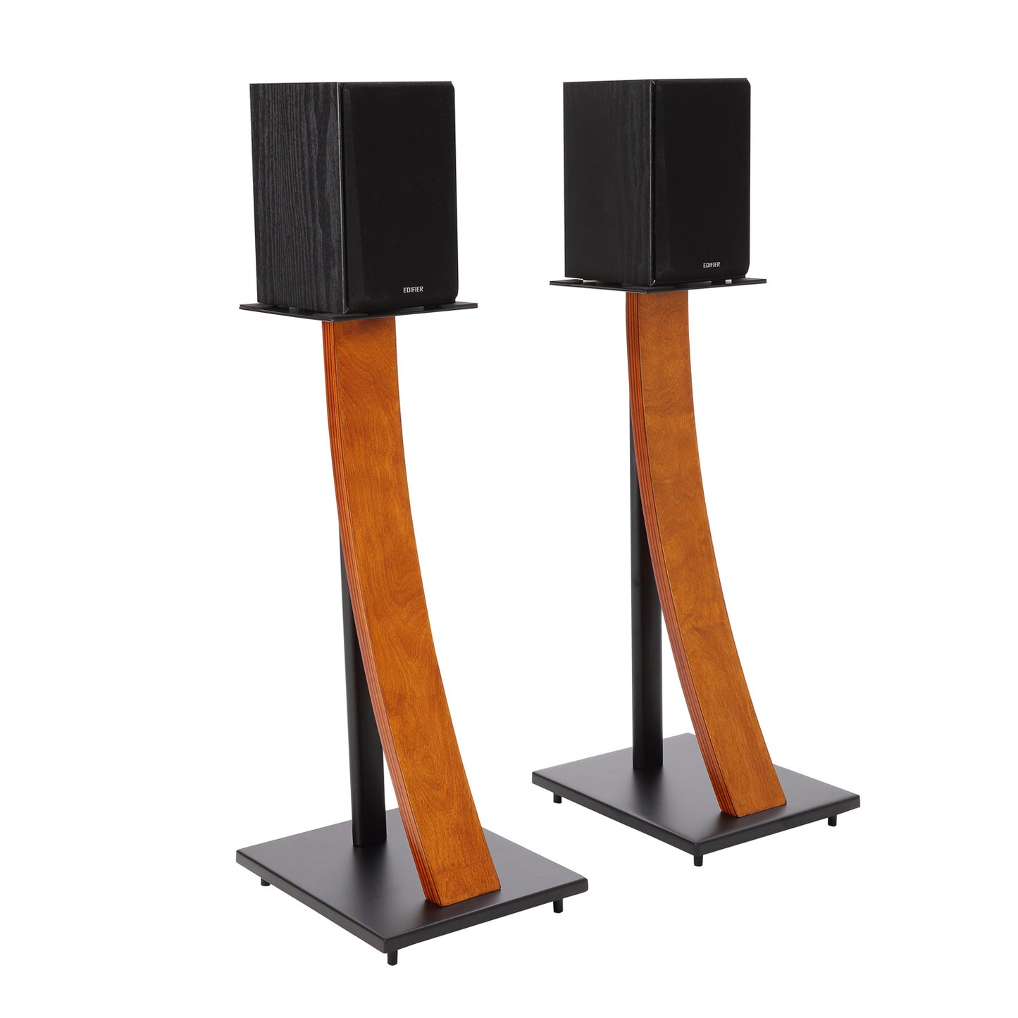 EXIMUS One Pair Fixed Height Universal Speaker Floor Stands with Real Wood - Walnut (290 Series)