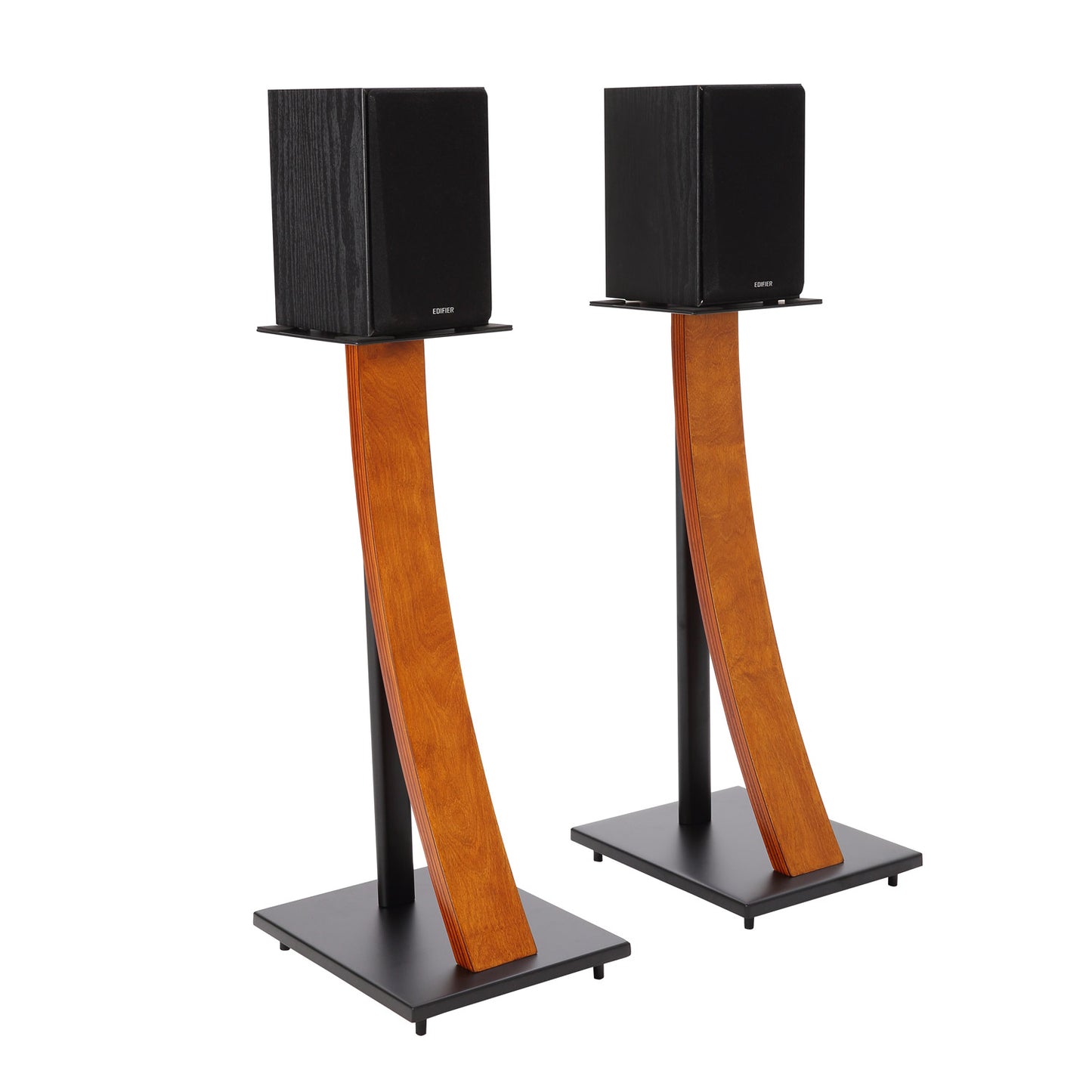 EXIMUS One Pair Fixed Height Universal Speaker Floor Stands with Real Wood - Cherry - 290 Series