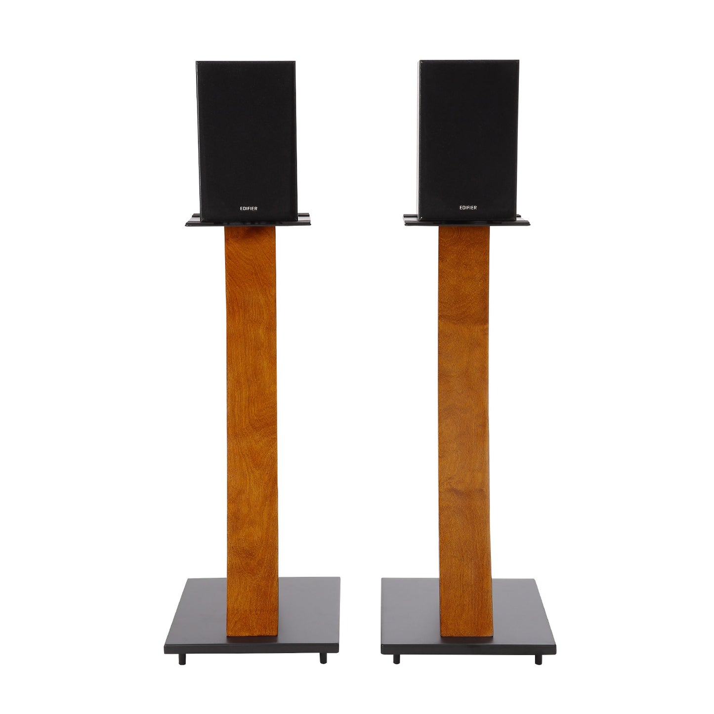 EXIMUS One Pair Fixed Height Universal Speaker Floor Stands with Real Wood - Walnut - 290 Series